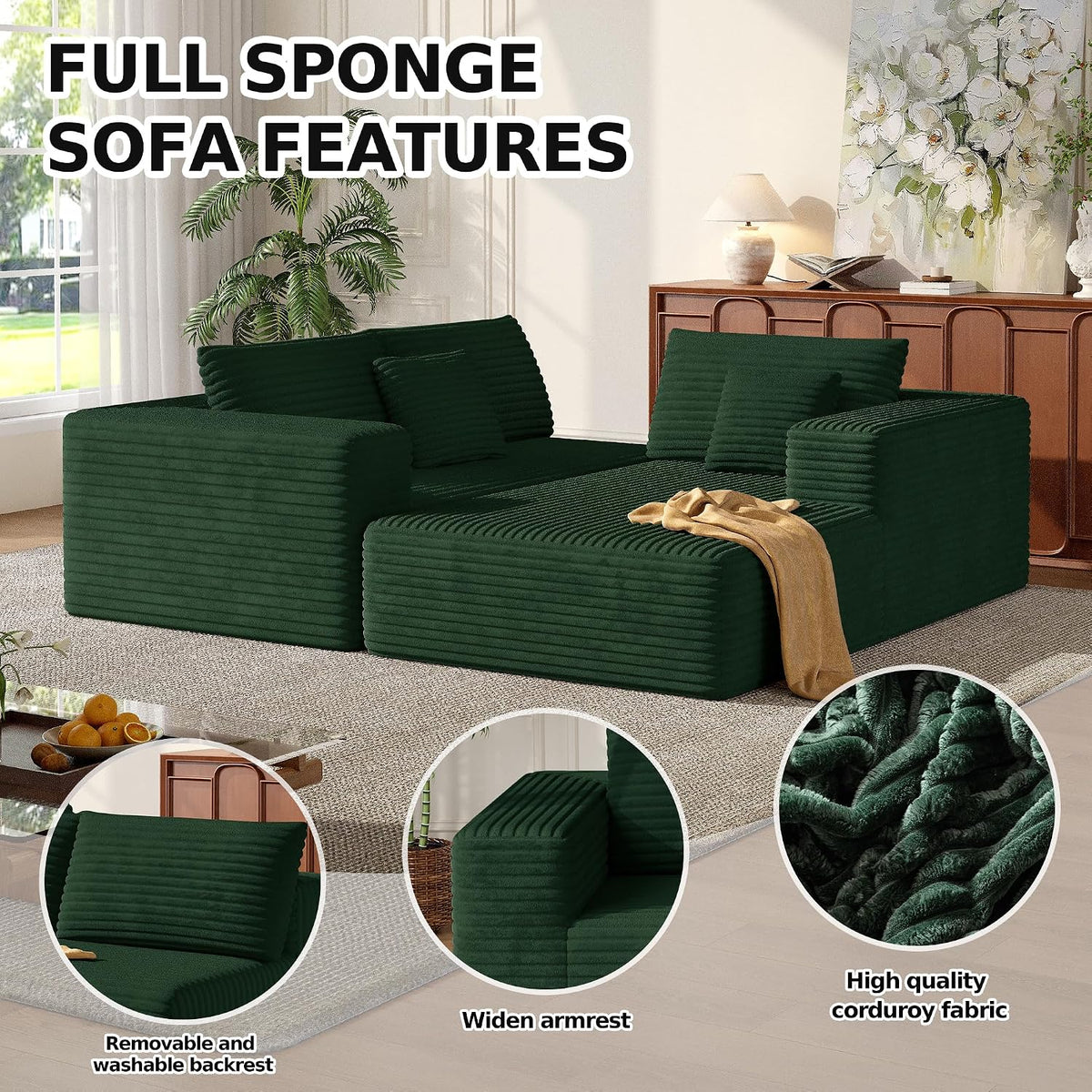 MoonSpeak 107" Sectional Couches for Living Room.Deep Seat Corduroy L Shaped Modular Sofa.Cloud Sectional Sofa.Upholstered Couches with Oversized Chaise(Green,Right Chaise)