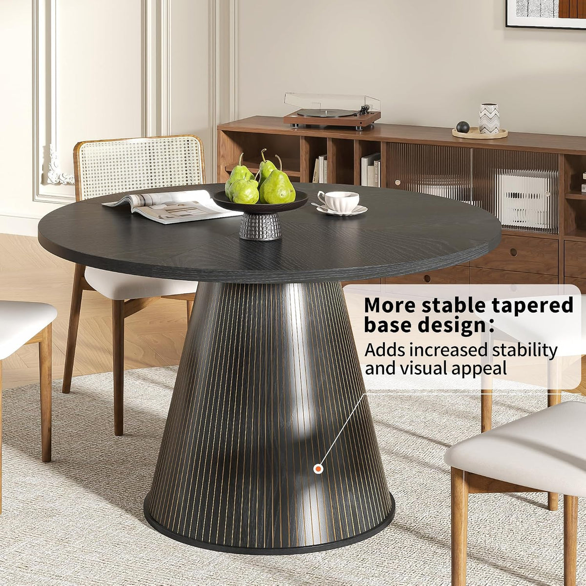 47 inch Round Dining Table for 4-6, Circle Kitchen Table with Sturdy Tapered Base, Mid Century Modern Fluted Dining Tables for Dining Room, Kitchen, Living Room (Black, 47inch)