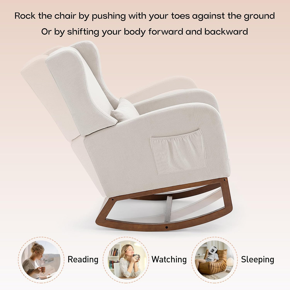 Nursery Rocking Chair, Glider Rocker Indoor with Footrest, Beige | High Back Nursing Chair with Side Pocket, Upholstered Thick Foam Glider Chair with Rubberwood Base for Living Room Bedroom