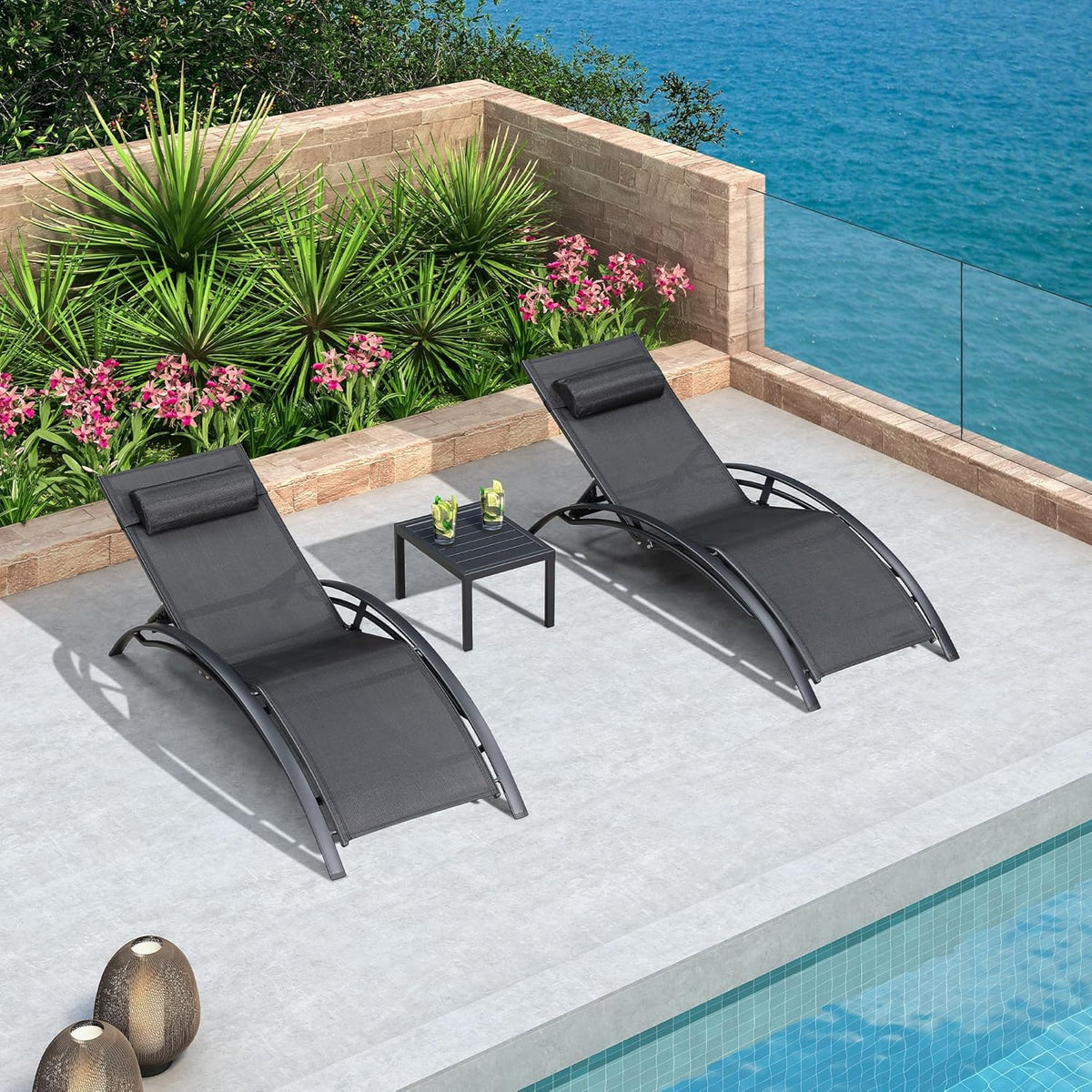 PURPLE LEAF Patio Pool Lounge Chaise Set of 3 Outdoor Lounger Chair, Black | 2 Chaise + 1 Table, Aluminum Frame, UV Textilene Fabric, Adjustable Headrest & 5 Recline Angles, Stackable, S-Curve Backrest