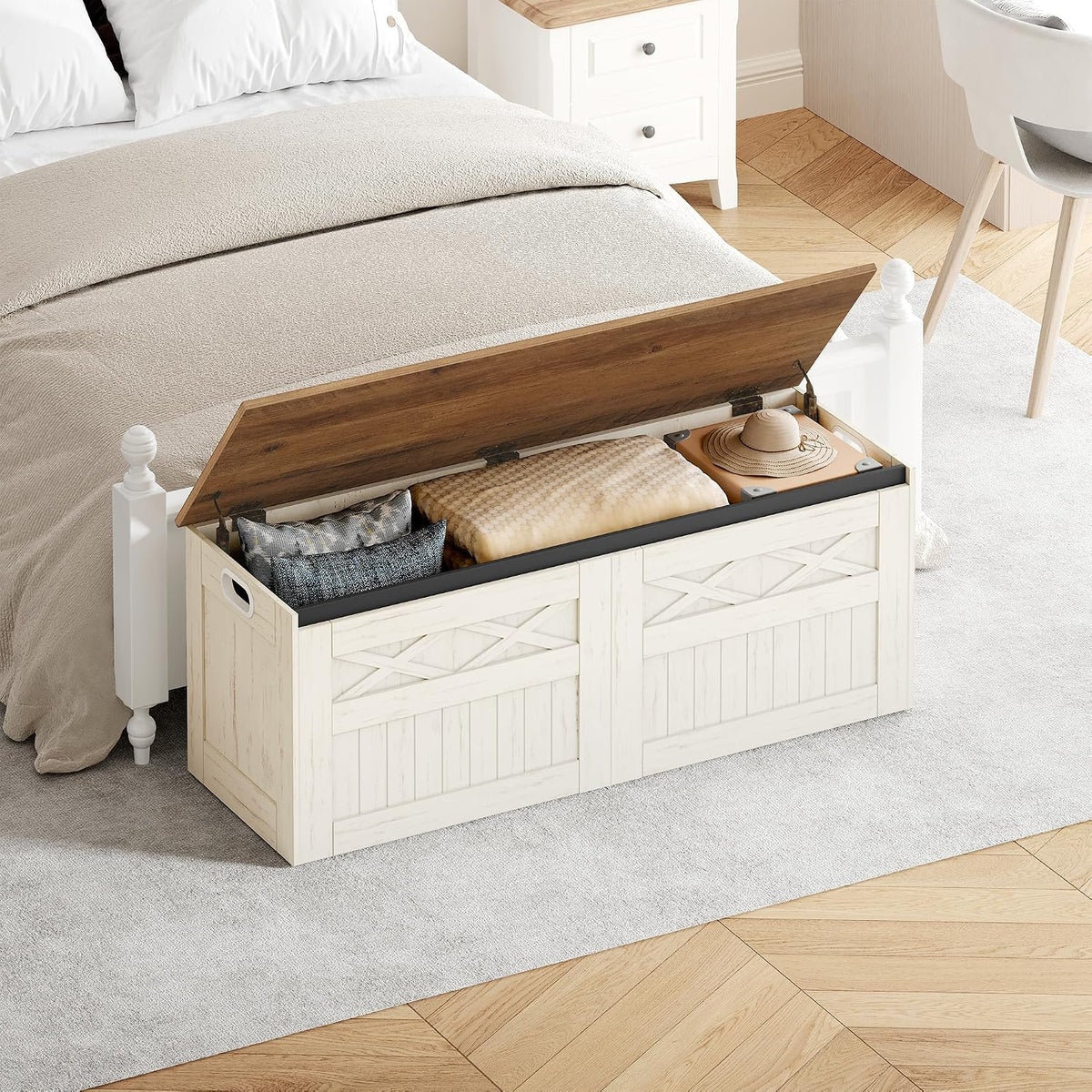 Hzuaneri 47.2" Storage Chest, Large Storage Bench with 2 Hinges, Farmhouse Wooden Box Bench, Lift-Top Organizer Chest, Wooden Bed End Bench, Suitable for Entryway, Bedroom, Retro White SB51214X