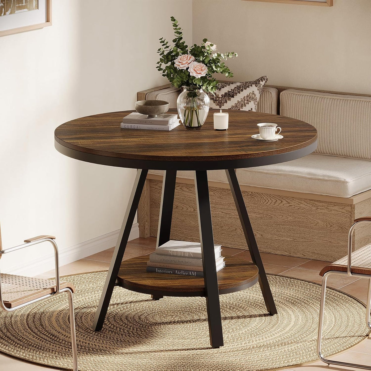 Tribesigns 2-Tier Industrial Round Dining Table, Small Kitchen Dinner Table for 2-4 People, 35-Inch Circle Wood Kitchen & Dining Room Furniture with Sturdy Metal Leg, Rustic Brown