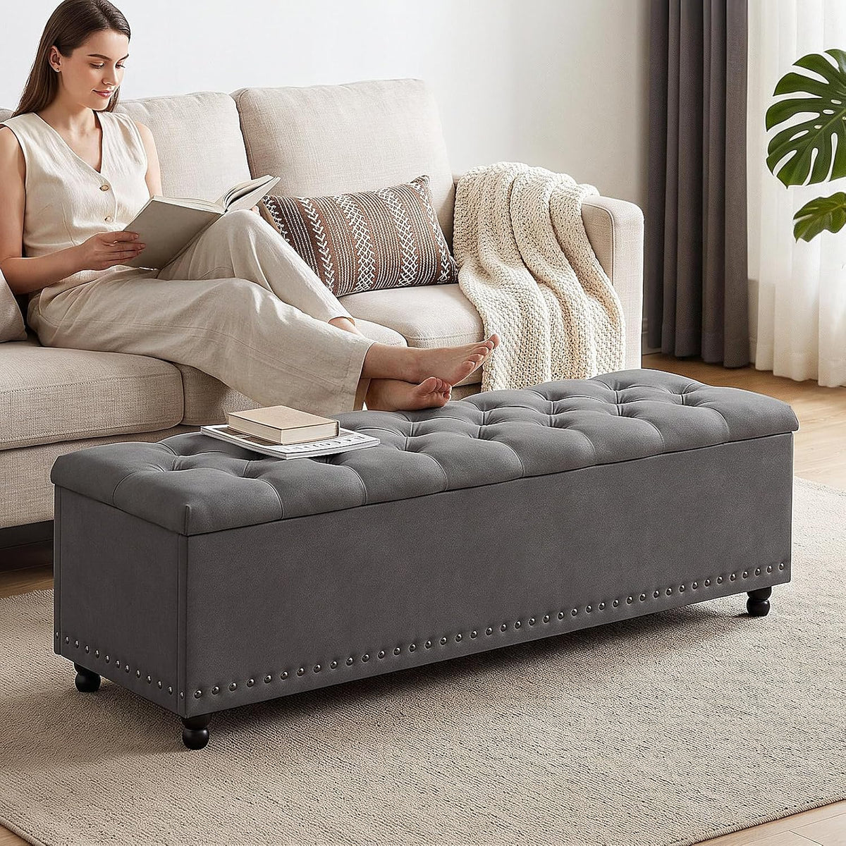 51" Storage Ottoman Bench with Wooden Legs and Soft-Close, Grey | Large End of Bed Bench with Button Tufting, Metal Rivet Accents, Fabric Bedroom Chest for Entryway Living Room Window