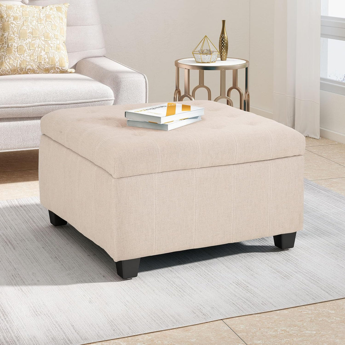 Merax 31" Modern Fabric Square Storage Ottoman, Foot Rest Waffle Stitch Pattern Multifunctional Extra Seat, Side Table, Footstool for Living Room Bedroom, Wheat