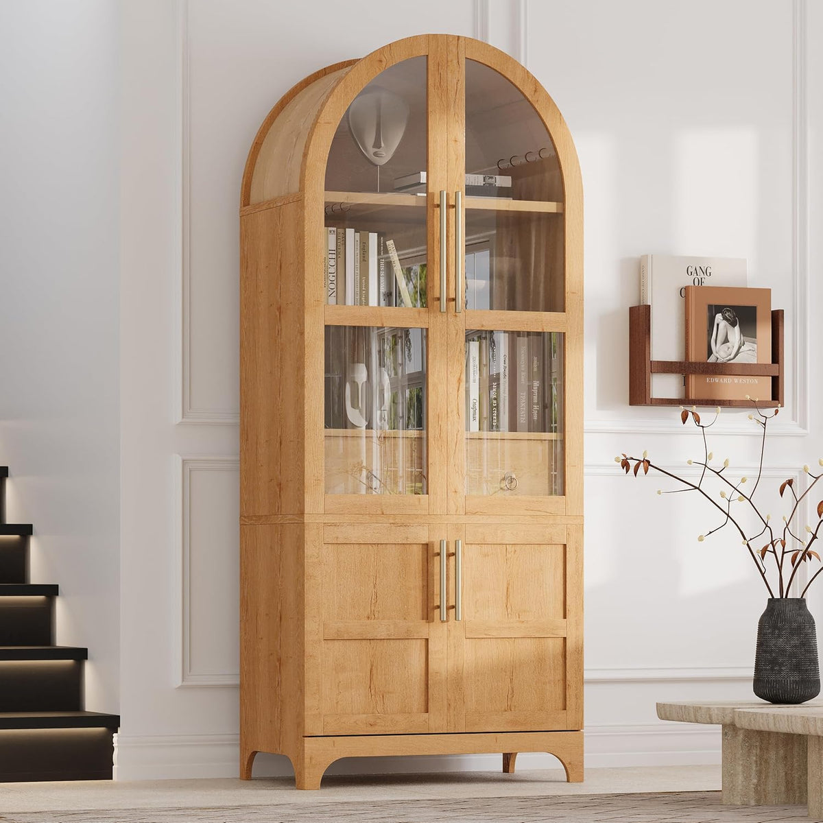 71" Arched Kitchen Pantry Cabinet with Glass Doors, Farmhouse Pantry Cabinet with Door Shelves and Drawer, Tall Cupboard with Adjustable Shelves for Kitchen, Dining Room, Natural