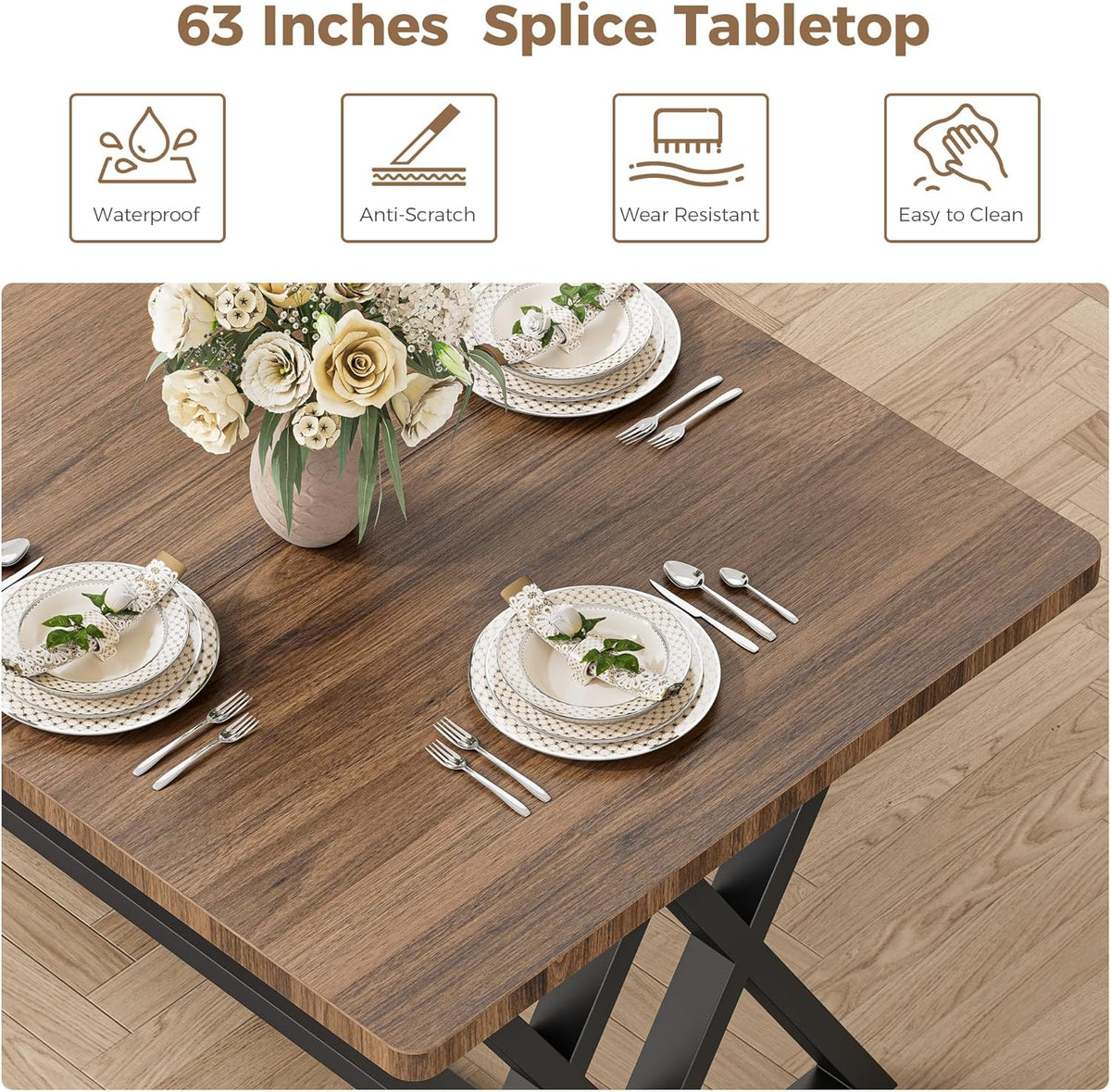 IRONCK 63" Dining Table for 4-6, Modern Rectangular Kitchen Table with Sturdy Metal Frame & Geometric Legs for Dining Room, Easy Clean-Brown