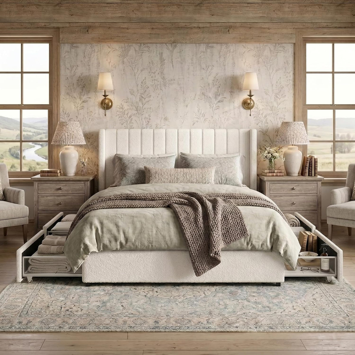 Queen Size Storage Bed Frame with 4 Drawers, Ivory Boucle Upholstered Platform Bed, Vertical Channel Tufted Headboard, Metal Frame Support, No Box Spring Needed
