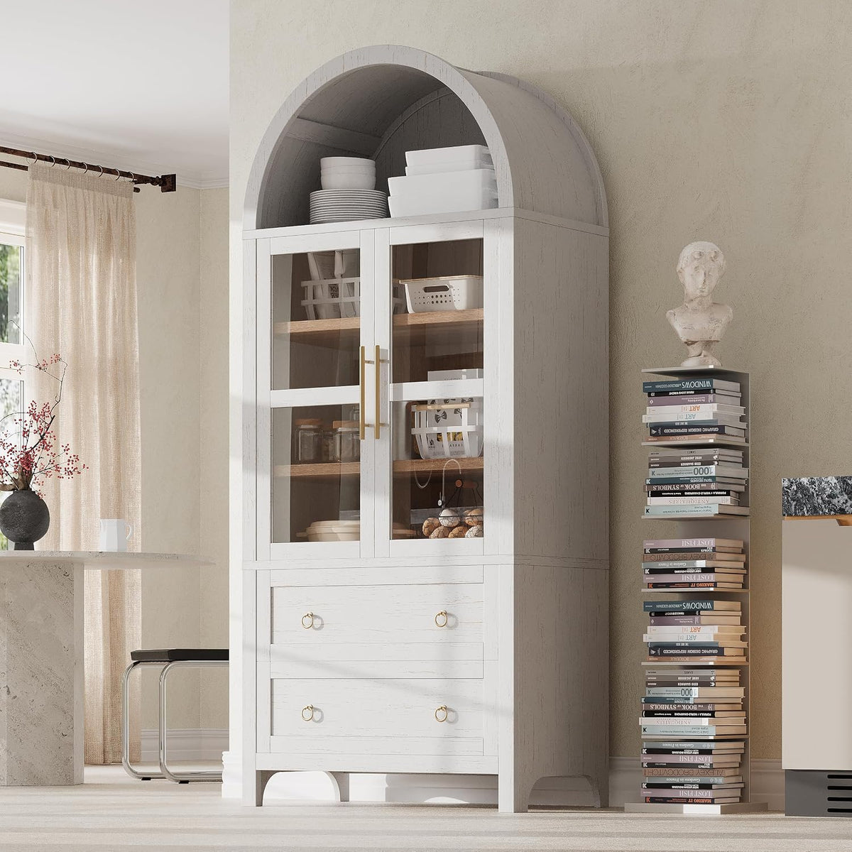roomfitters 71" Pantry Cabinet with Arched Top and Glass Doors, 2 Storage Drawers and Adjustable Shelves for Kitchen, White