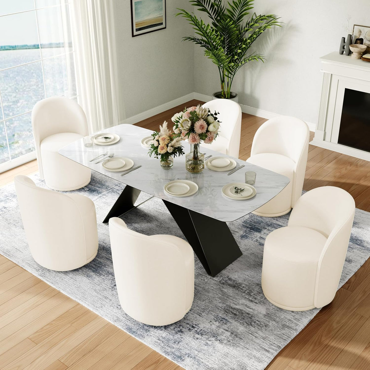 Swivel Barrel Dining Chairs, Upholstered Modern Accent Chair for Living Room, Bedroom, Makeup Vanity, Dining Room, Kitchen (Swivel Leather Cream, Set of 6)