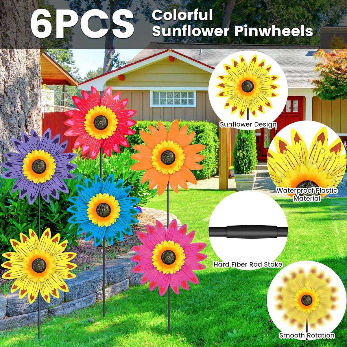 6PCS Sunflower Wind Spinners with Stakes 14" W x 29" H Wind Spinners Lawn Pinwheel Sunflower Windmill Outdoor Multicolor Pinwheels for Yard Decoration