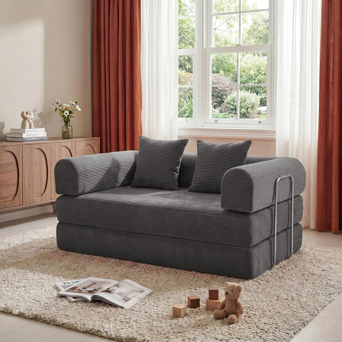 Futon Sofa Bed Modular Loveseat Sleeper Folding Pull Out Couch with Pillows, No Assembly Required Couch for Living Room Bedroom Guest Room (Grey, 53.15" Loveseat Sofa)