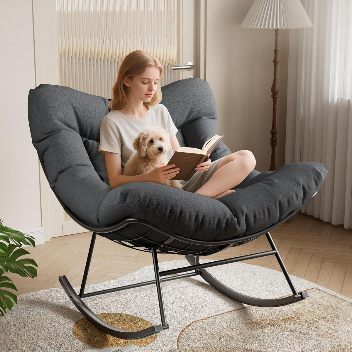 Garvee Outdoor Papasan Rocking Chair, Oversized Rocking Chair with Sturdy Metal Frame, Patio Egg Rocker for Balcony Backyard Porch Bedroom (Grey)
