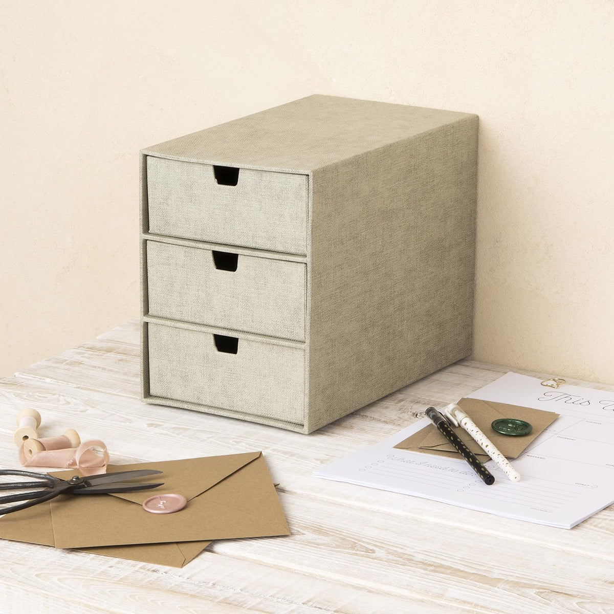 Bigso Box of Sweden 3-Tier Desktop Drawers - Desk Tidy Organiser for Stationery Storage - Paper Mini Filing Cabinet in Fibreboard and Paper in Linen Look - Beige