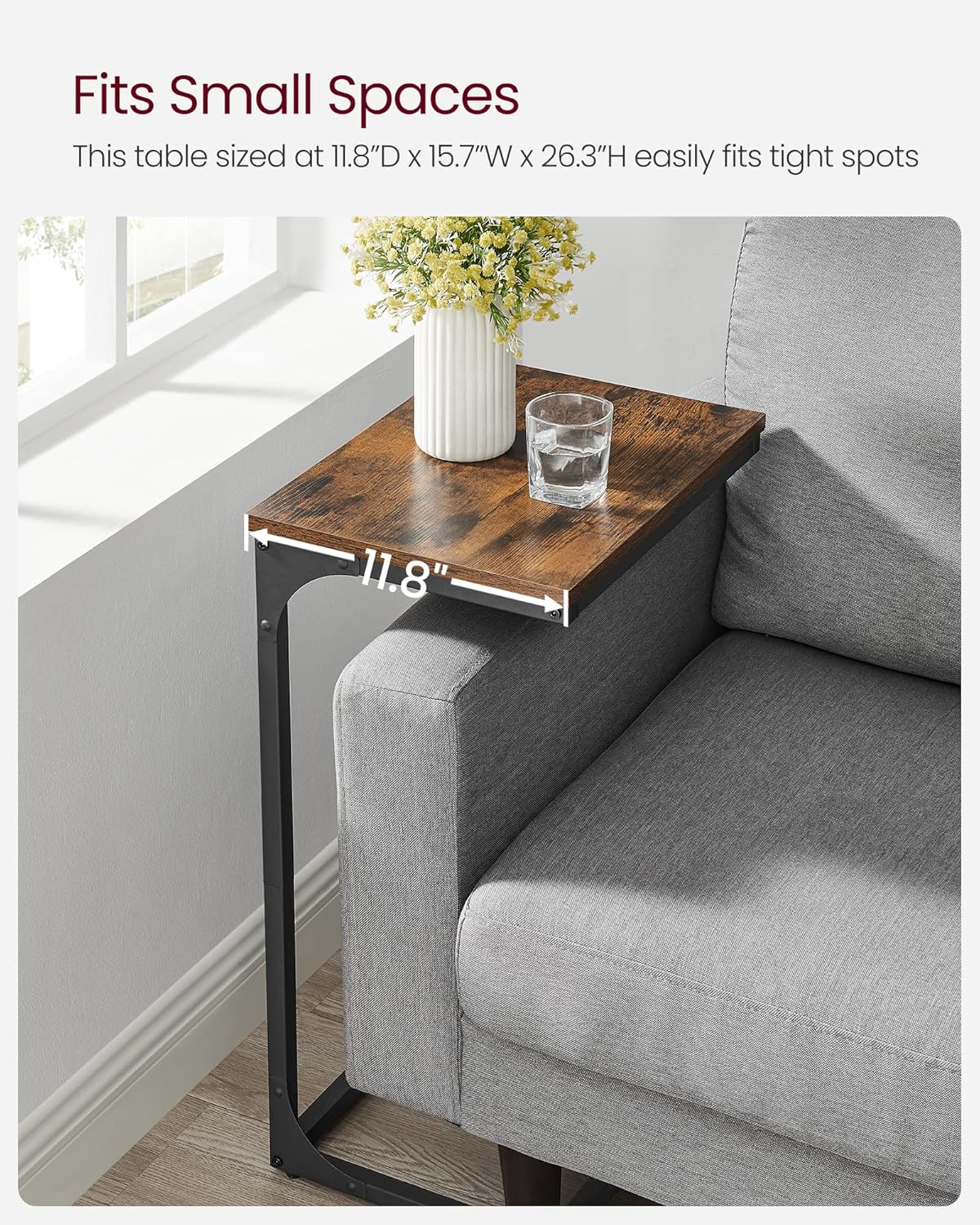 VASAGLE C-Shaped End Table, Side Table for Sofa, Couch Table with Metal Frame, Small TV Tray Table for Living Room, Bedroom, Rustic Brown and Black ULET353B01
