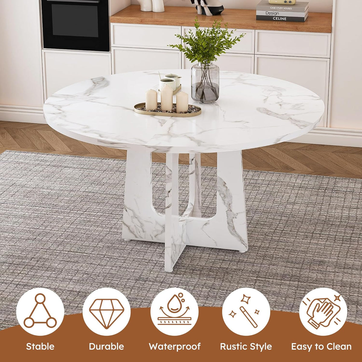 Round Modern Dining Table Set for 4, 47" Circle White Faux Marble Kitchen Table with 4 Grey Velvet Upholstered Dining Chairs,Wooden Kitchen and Dining Room Table Set for Dining Room