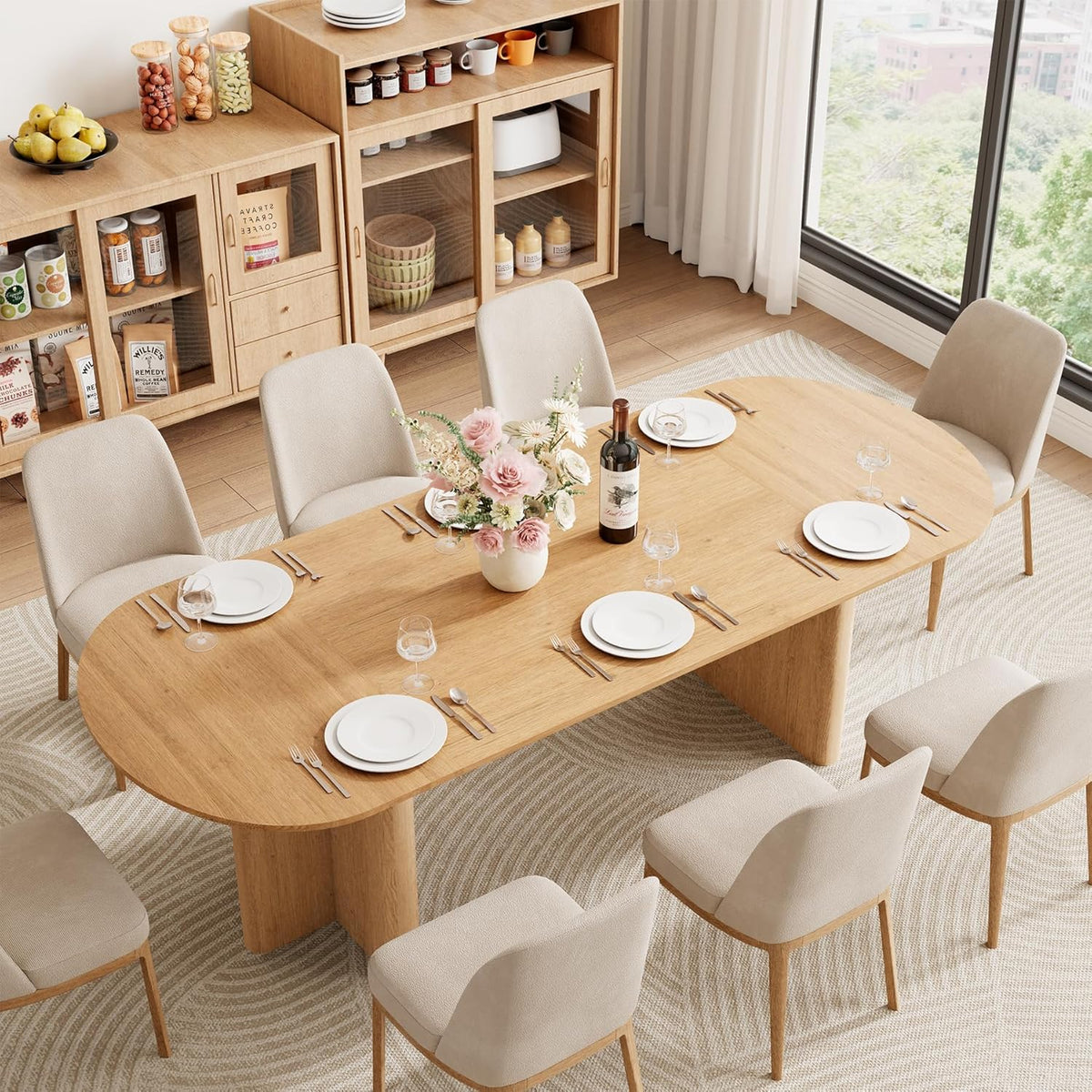 78.75" Oval Oak Dining Table for 6-8 Person, Modern Farmhouse Kitchen Table with Sturdy Legs, Wood Dinner Table for Dining Room Kitchen Living Room, Natural Oak