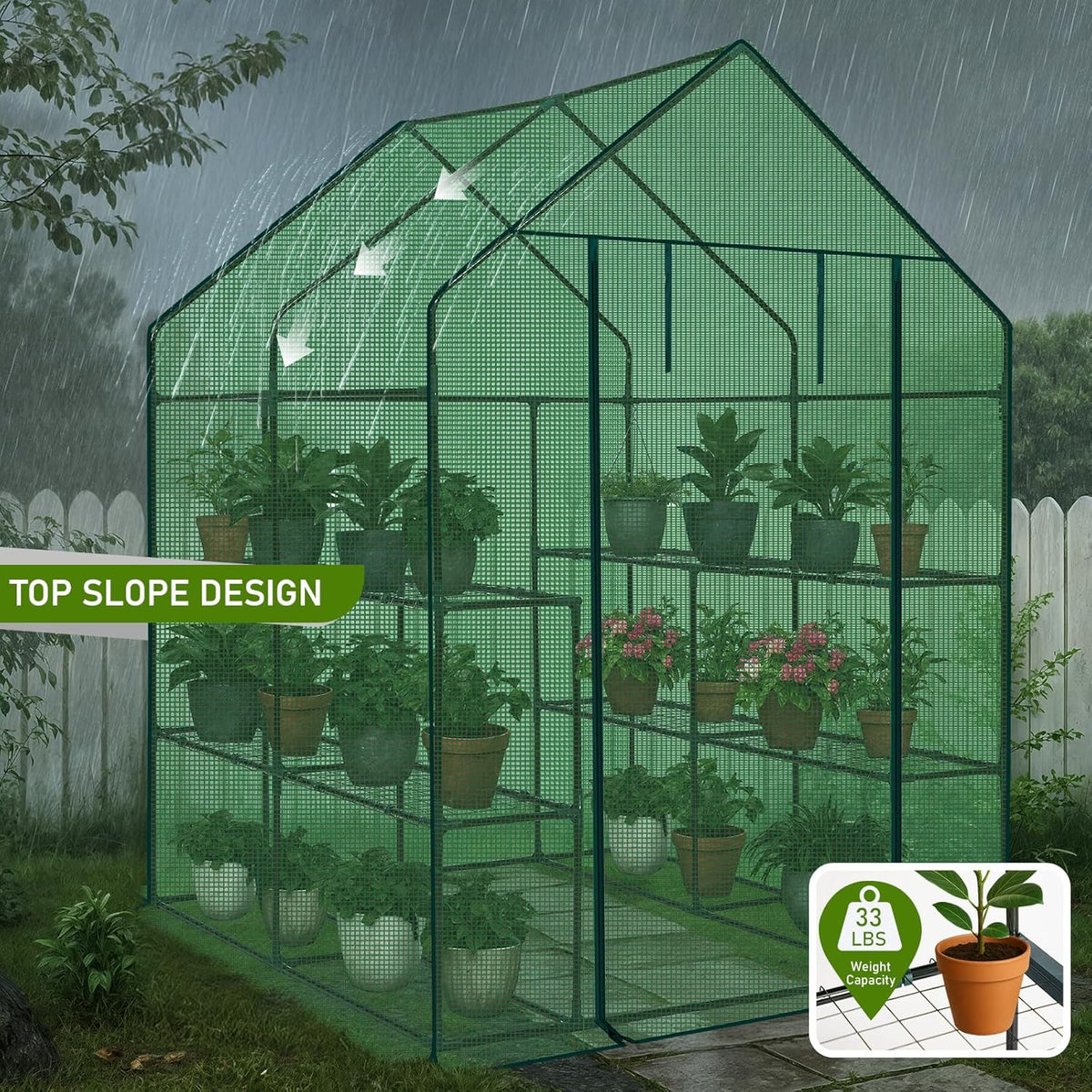 Outvita Walk-in Greenhouse, Outdoor Durable PE Plant Green House for Frost Protection with 3 Tiers 8 Shelves, Shelf Clips, Roll-up Zipper Door, 56"x56"x77" Green