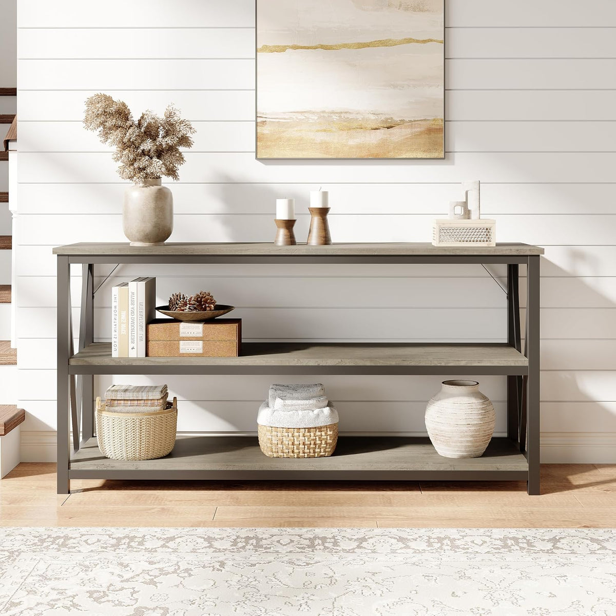 IDEALHOUSE Industrial Entryway Table, 47 in Narrow Long Console Table with Storage, 3 Tier Wood Console Table for Living Room, Farmhouse Sofa Tables Behind Couch, Hallway Table for Foyer-Grey