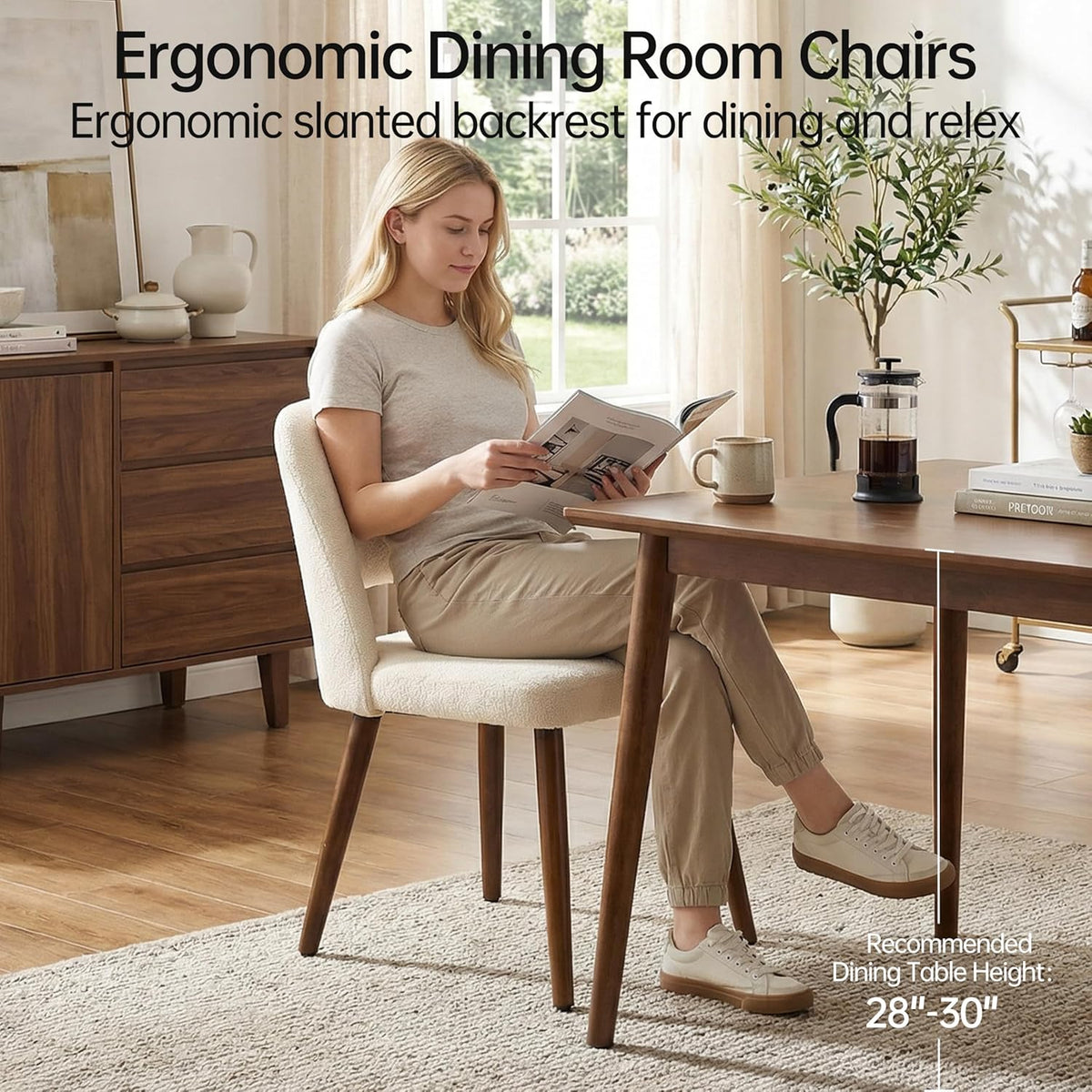 Usaint Wooden Dining Chairs Set of 4, 19.3" Modern Fabric Upholstered Dining Room Chair with Ergonomic Curved Backrest for Kitchen Dining Room and Restaurant, Beige