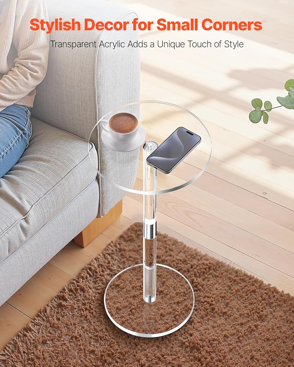 VEVOR Acrylic Drink Table, Small Round Side Table with Solid Post, Modern Clear End Table Transparent Cake Desk for Coffee, Cocktail, Dessert, Snack, Living Room, Bedroom, Bathroom, Easy Assembly