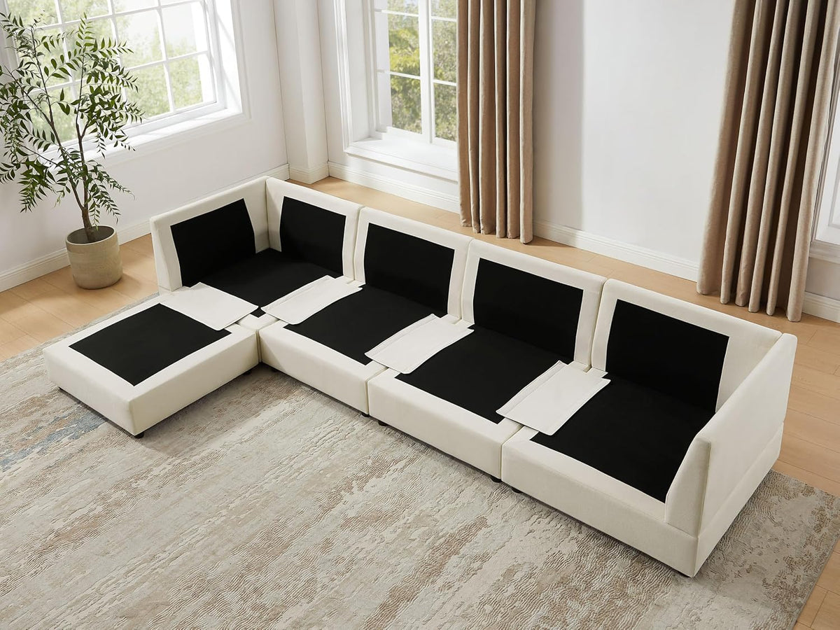 VANOMi U Shape Modular Sectional Sofa Couch for Living Room, Oversized Modern Sleeper Cloud Couch with Deep Seat Double-Layer Thick Cushion Ottoman, Convertible Upholstered Sofa Set, Ivory White