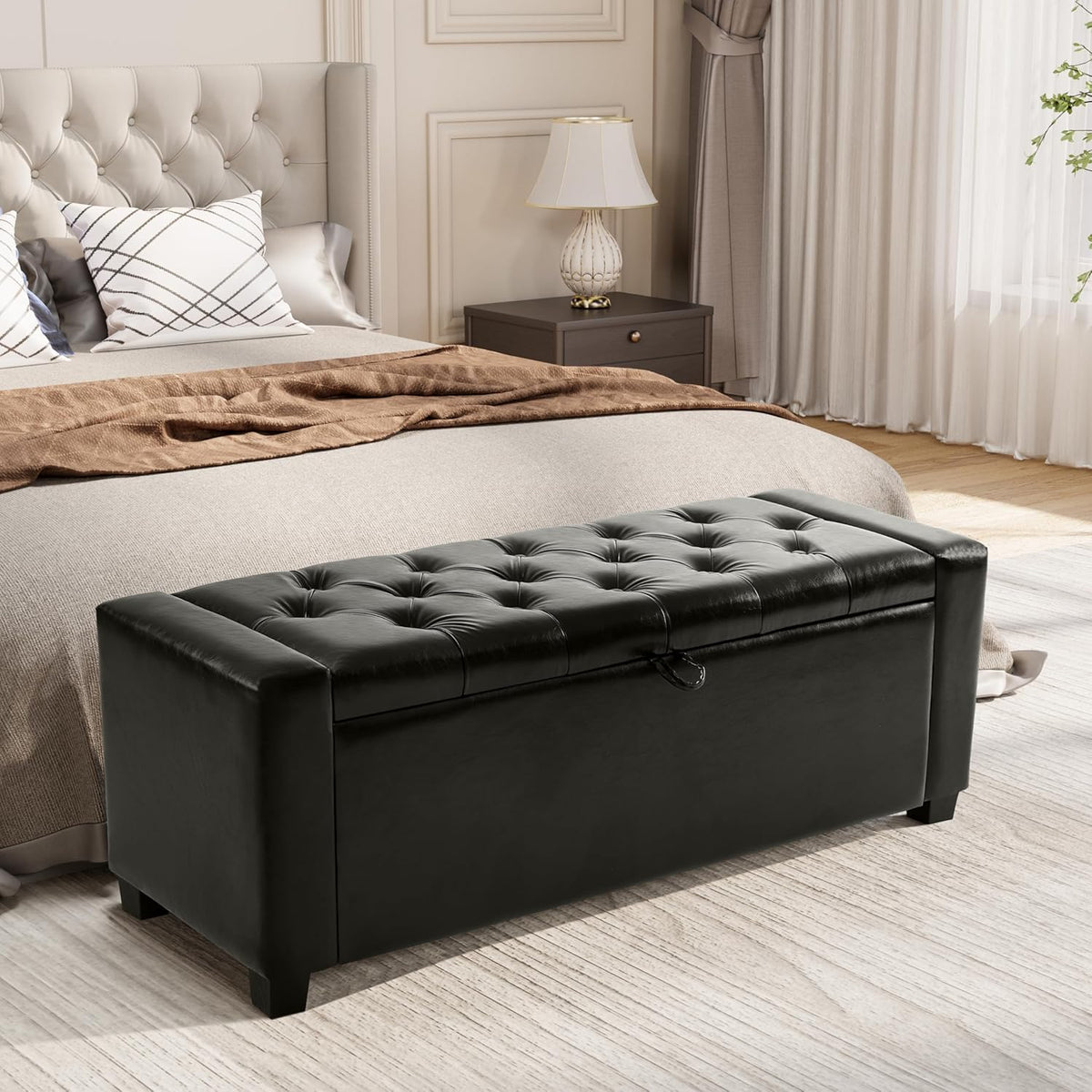 Royal Windsor Ottoman with Storage,Tufted Storage Bench with Safety Hinge,Holds up to 350 lb,Upholstered Bench with Seating for Bedroom, Living Room,Entryway,Leather Black