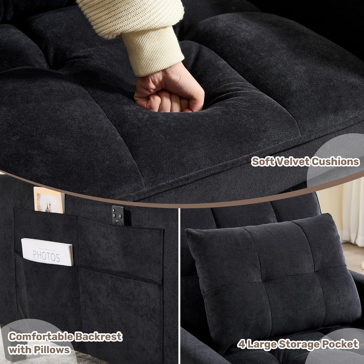 Convertible Sleeper Chair, 3 in 1 Sleeper Chair Bed Pull Out Sofa Bed Chairs, Single Sofa with Adjustable Backrest for Adults Reading Living Room, Bedroom, Velvet Black