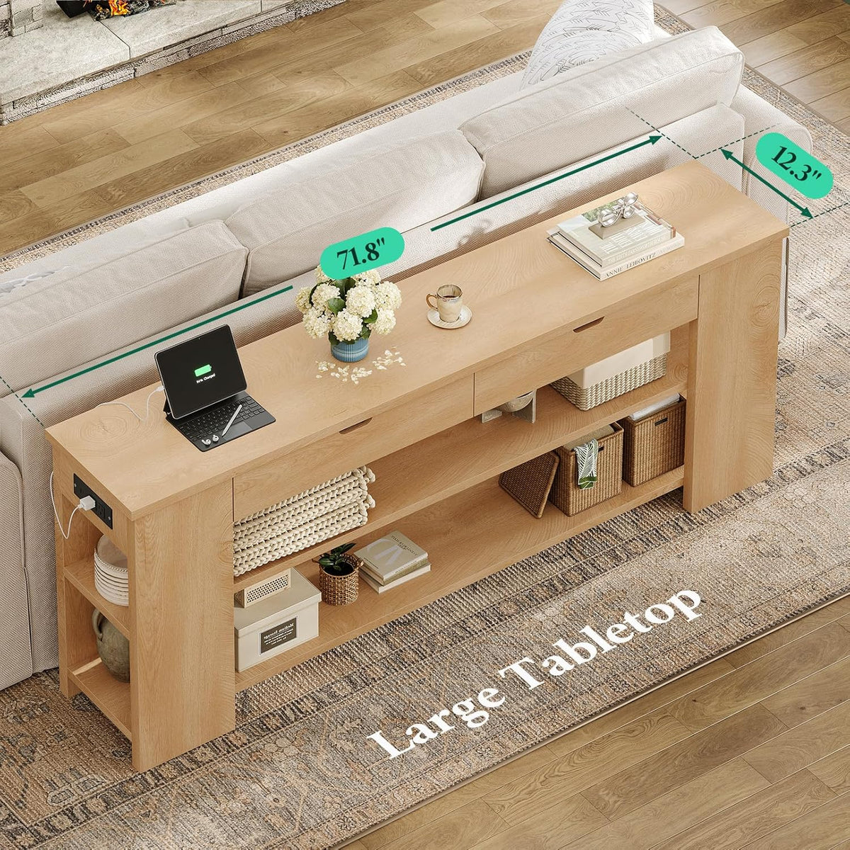 71.8 Inch Extra Long Console Table with Drawers, Farmhouse Long Console Table with Shelves & Built-in Outlets, Entryway Table with Storage for Living Room, Entryway, Hallway, Natural