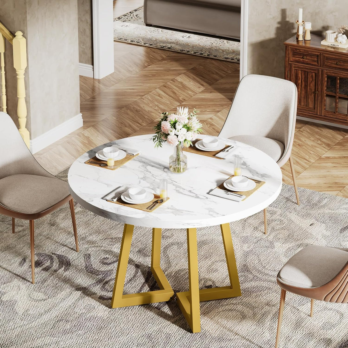 Tribesigns Round Dining Table for 2, 31.5" Modern Kitchen Table with Metal Base, Small Table for Dining Room, Small Space, Apartment, Office, Restaurant, White & Gold