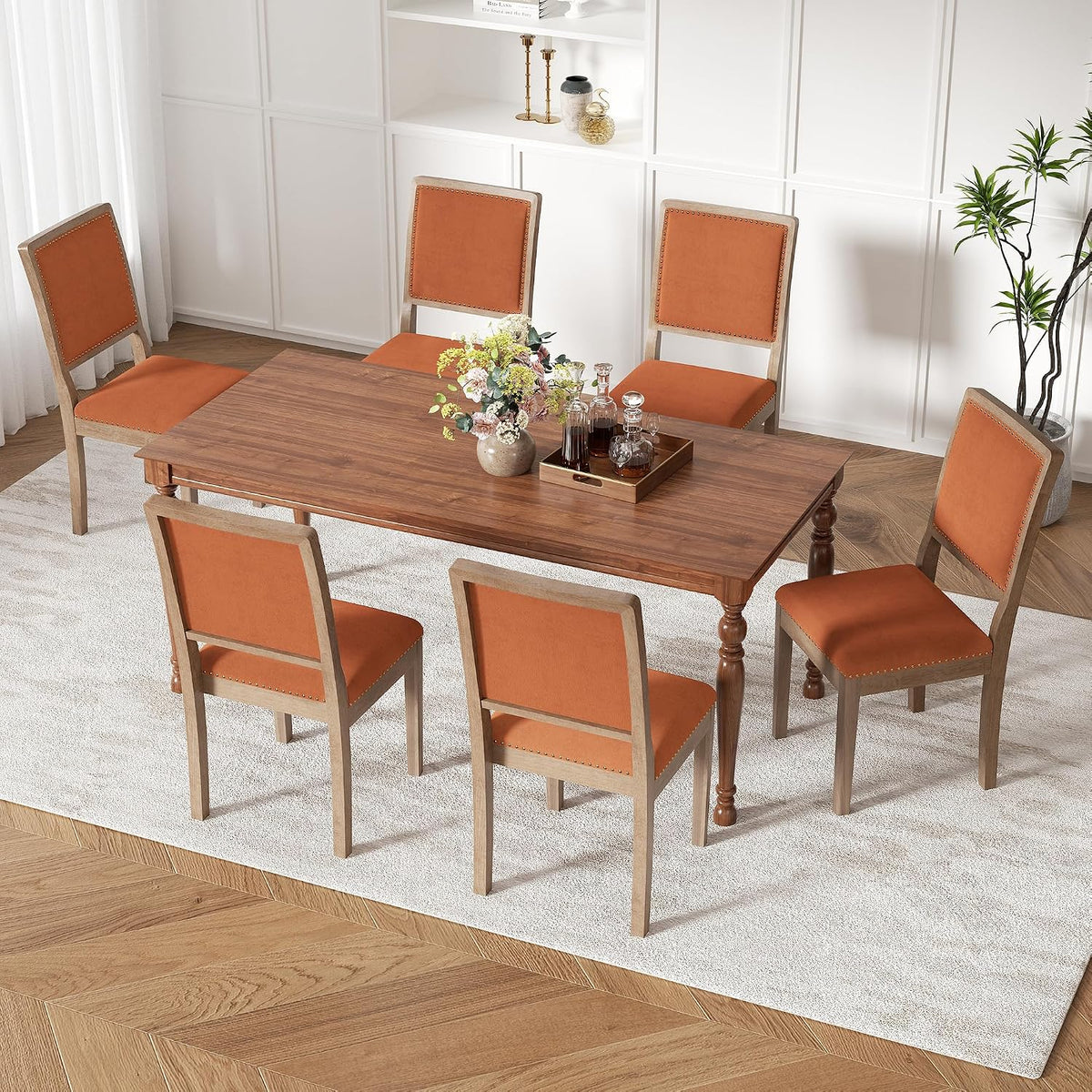 Dining Chairs Set of 2, Mid Century Modern Upholstered Dining Room Chairs, Fabric High Back Kitchen Chairs with Nailhead Trim and Wood Legs for Living Room Kitchen Restaurant, Orange