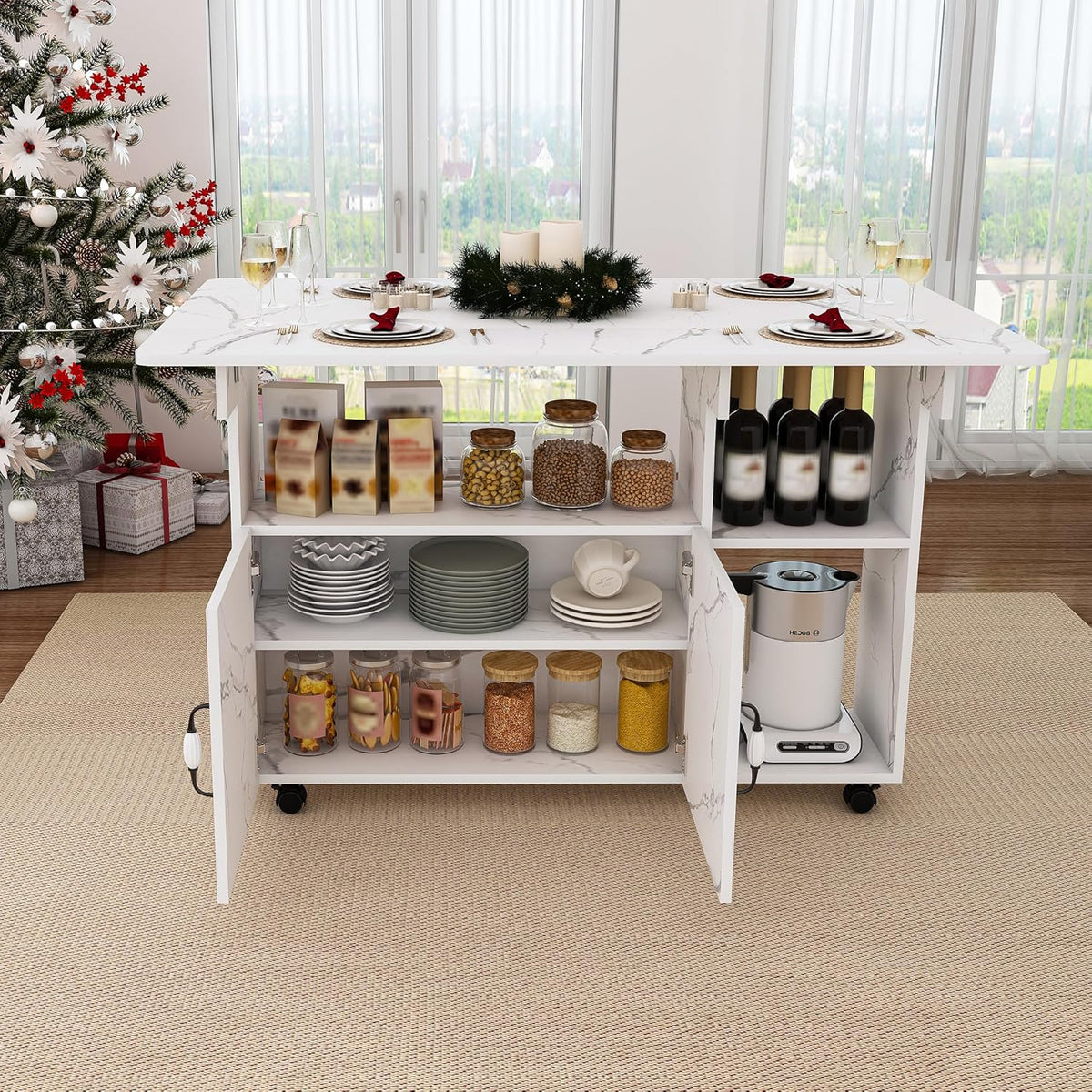 Multi-Functional Folding Dining Table Kitchen Island with Storage Shelves and Wheels, Space Saving Dining Tables Compact Desk for Dining Room, Kitchen, Dorm, Office (White)