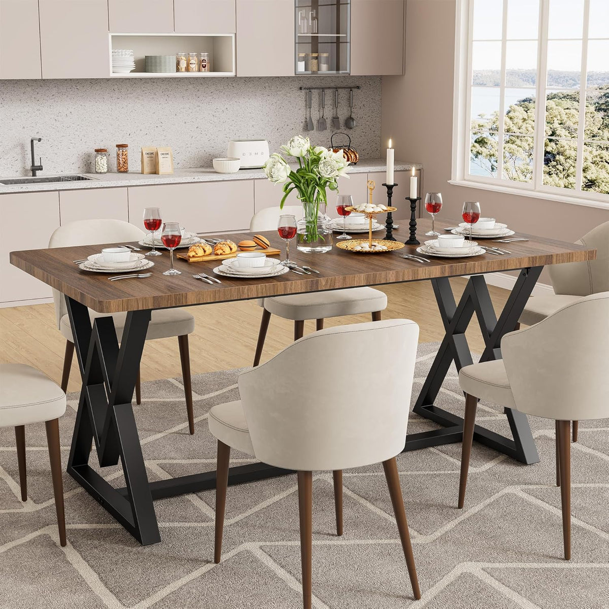 IRONCK 63" Dining Table for 4-6, Modern Rectangular Kitchen Table with Sturdy Metal Frame & Geometric Legs for Dining Room, Easy Clean-Brown