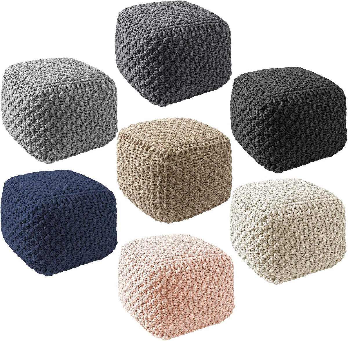 Casafield Square Pouf Ottoman, Black - 18.5" W x 18.5" D x 14.5" H Cotton Knit Foot Stool - Boho Floor Pouffe for Living Room, Bedroom, Home Office