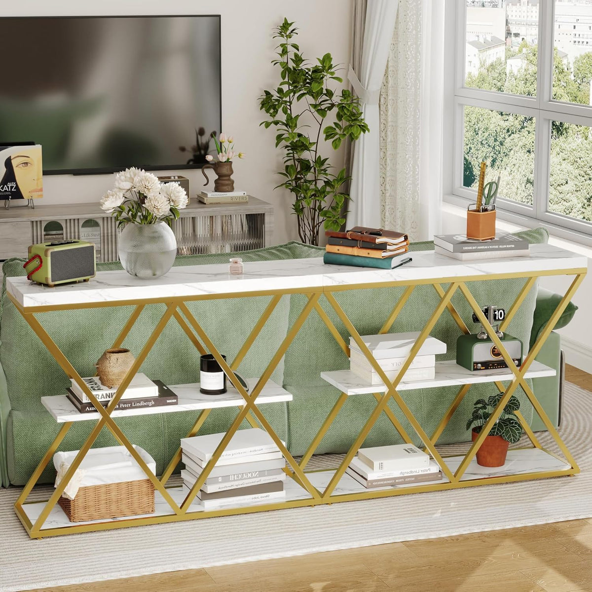 Garvee 3 Tier Console Table with Open Wood Shelves,39" Industrial Entryway Table,Sofa Table,Narrow Wood Accent Tables with Metal Frame for Hallway,Living Room,Behind Couch,Foyer,Entrance,White