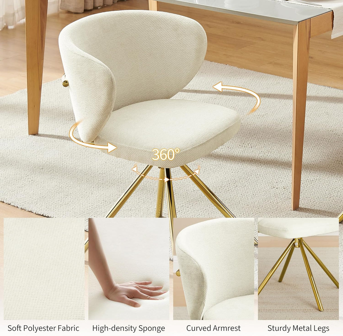 Art Leon Swivel Dining Chairs Set of 2 - Modern Fabric Upholstered Kitchen Dining Room Chairs, Armless Accent Chairs with Golden Metal Legs, Side Chairs for Vanity, Off White