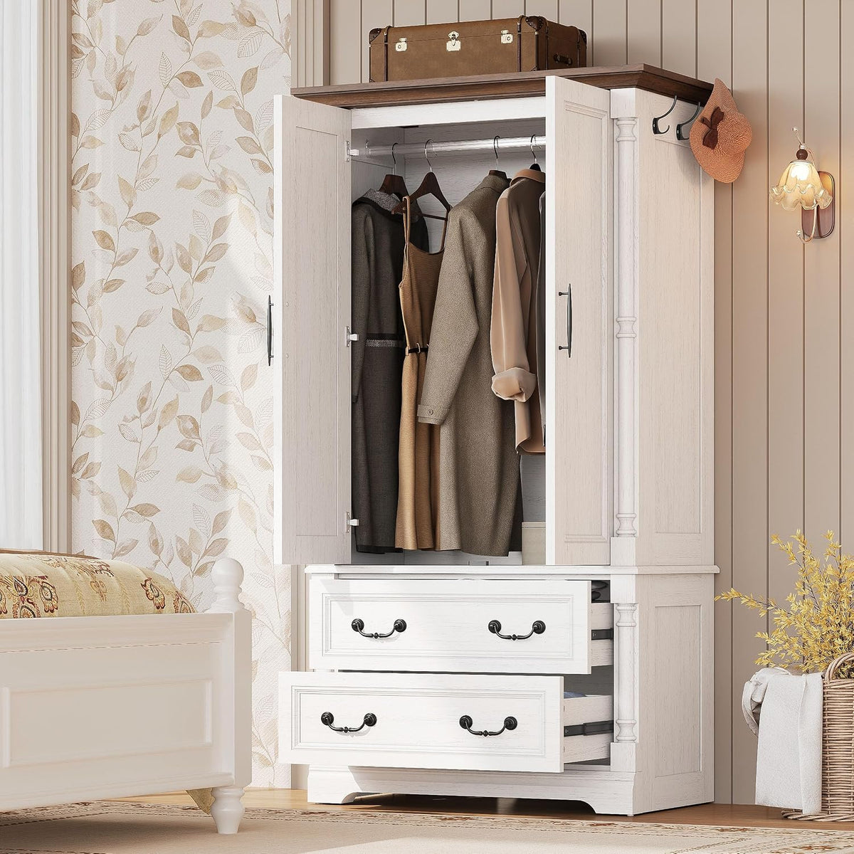LIKIMIO Armoire Wardrobe Closet 70" with 2 Drawers for Bedroom, White | Farmhouse Wardrobe with Roman Column Doors, Hanging Rod and Side Hooks for Clothing Storage and Organization in Bedrooms