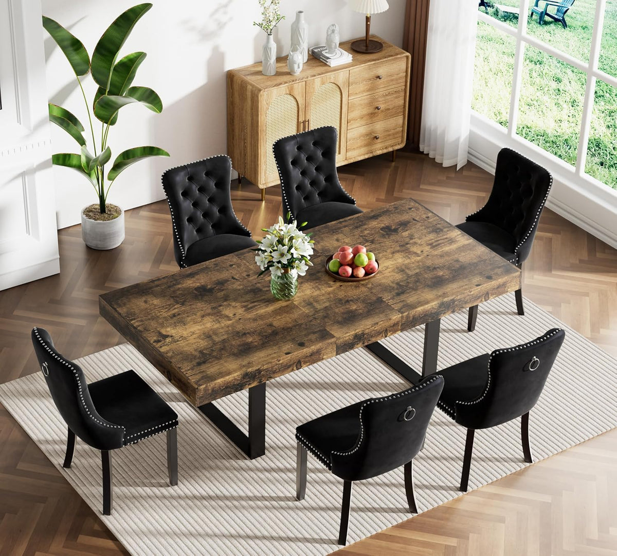7-Piece Extendable Dining Table Set for 6, 63-78 Inch Rustic Brown Kitchen Table Set with 6 Black Tufted Chairs Farmhouse Wood Expandable Dining Room Table Set 6 for Kitchen Dining
