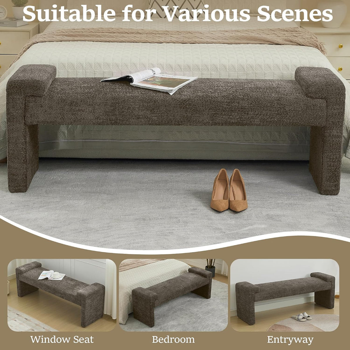 WUTUTUEE 58.7" End of Bed Bench Upholstered Modern Bedroom Bench for Living Room & Entryway, Easy Assembly, Footrest Ottoman Accent Window Bench with Solid Wood Frame & Curved Arm, Brown
