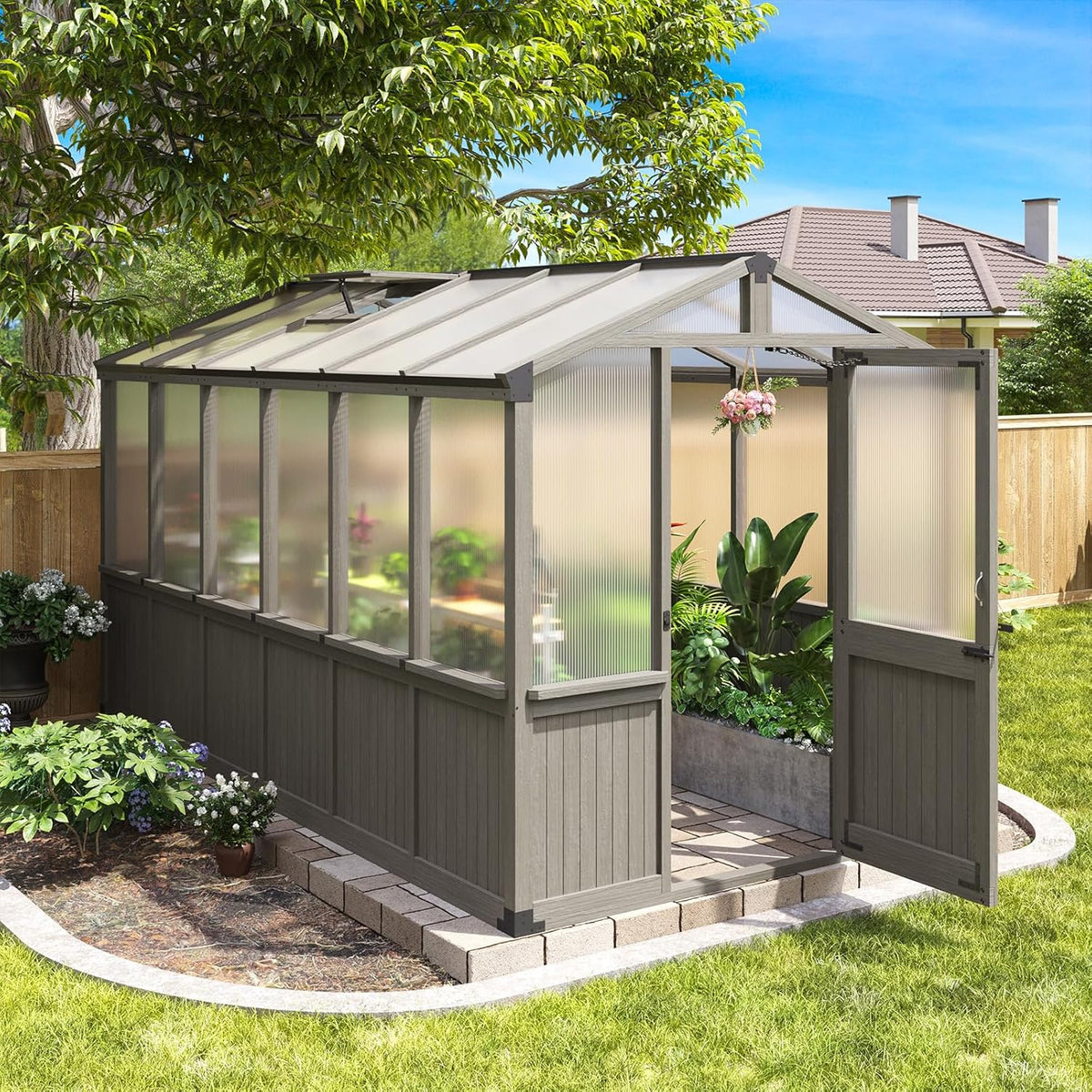 Aoxun 6x12 FT Wood Green House for Outdoors, Polycarbonate Panel Wooden Walk-in Greenhouse Kit with Automatic Temperature Control Roof Vent and Lockable Door, for Outside Backyard Garden, Gray