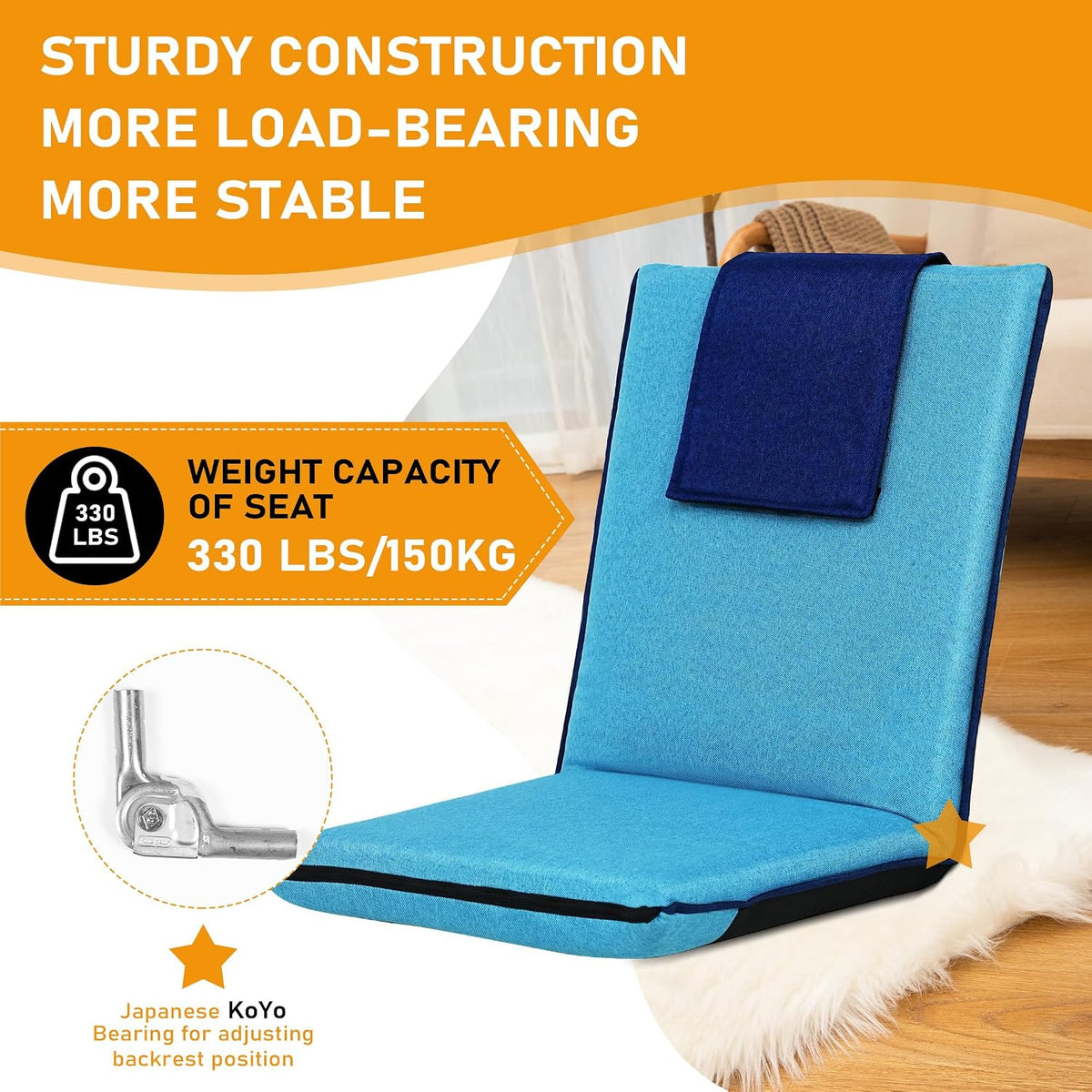 FASTMOMENT Floor Chair with Back Support 14-Position Adjustable Floor Chair Portable Ground Seating for Adults Foldable Meditation Seat with Japanese KOYO Bearings & Washable Linen Cover (Bright Blue)