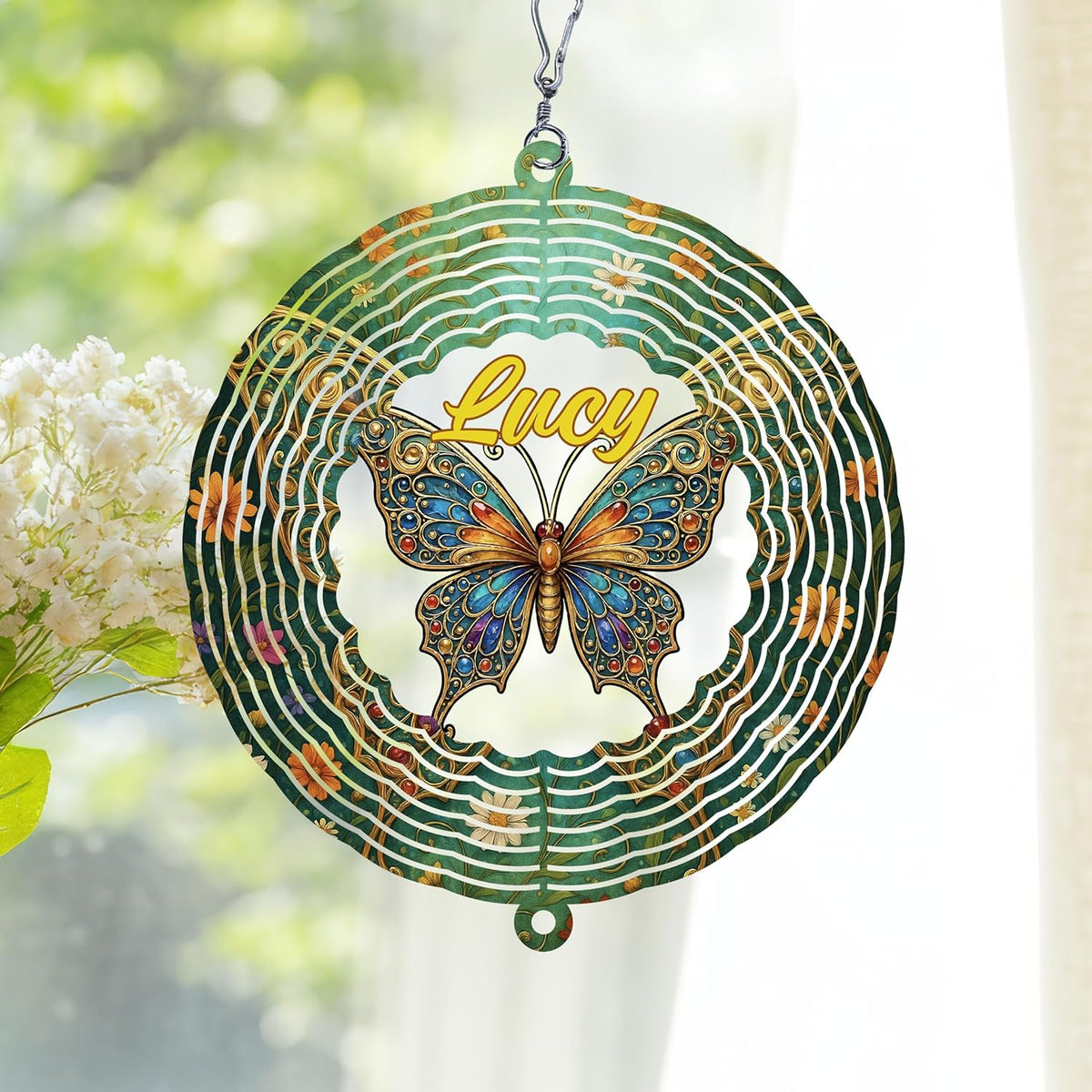 Personalized Butterfly Wind Spinner 3D Stainless Steel, Butterfly Garden Spinner Hanging Outdoor Decor, Wind Spinners Outdoor, Custom Gift for Grandmother, Mom, Wife