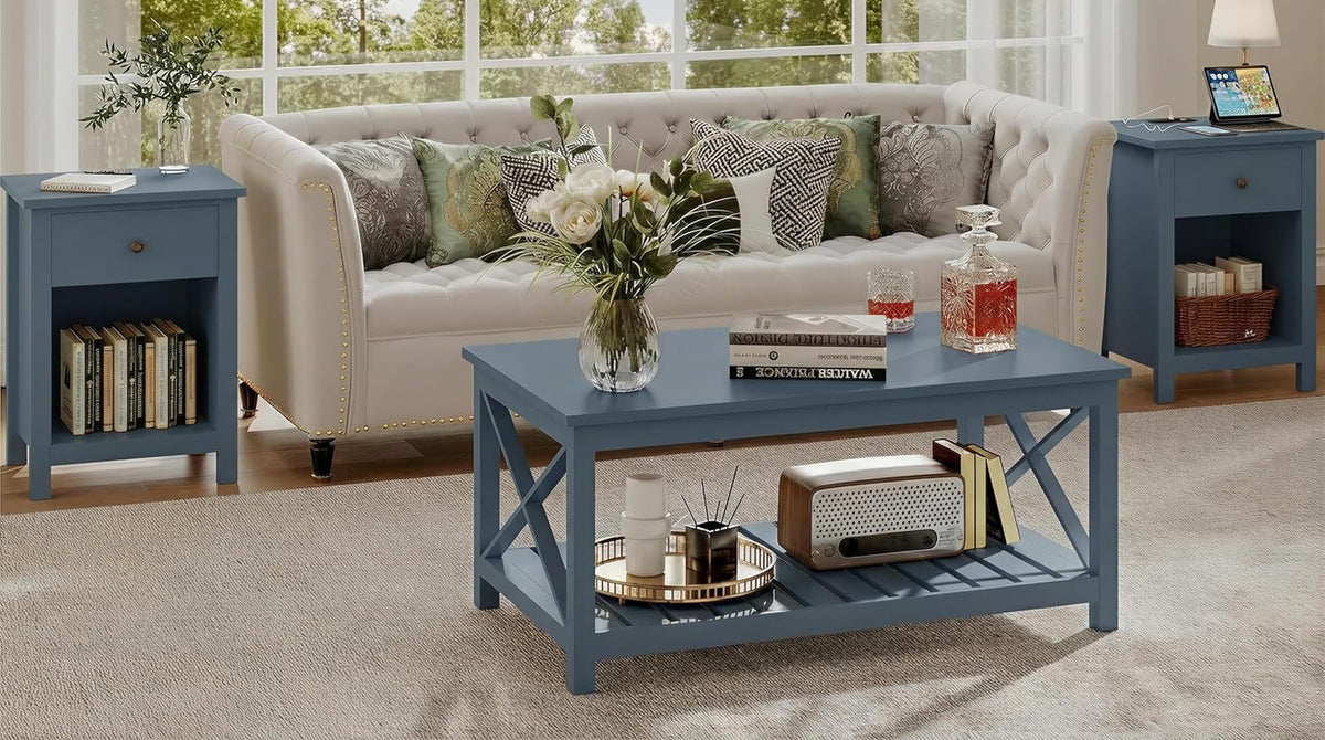 ChooChoo Farmhouse Nightstand with Charging Station Set of 2 | Wooden Top Bedside End Table with Drawer and Storage Space for Bedroom, Blue