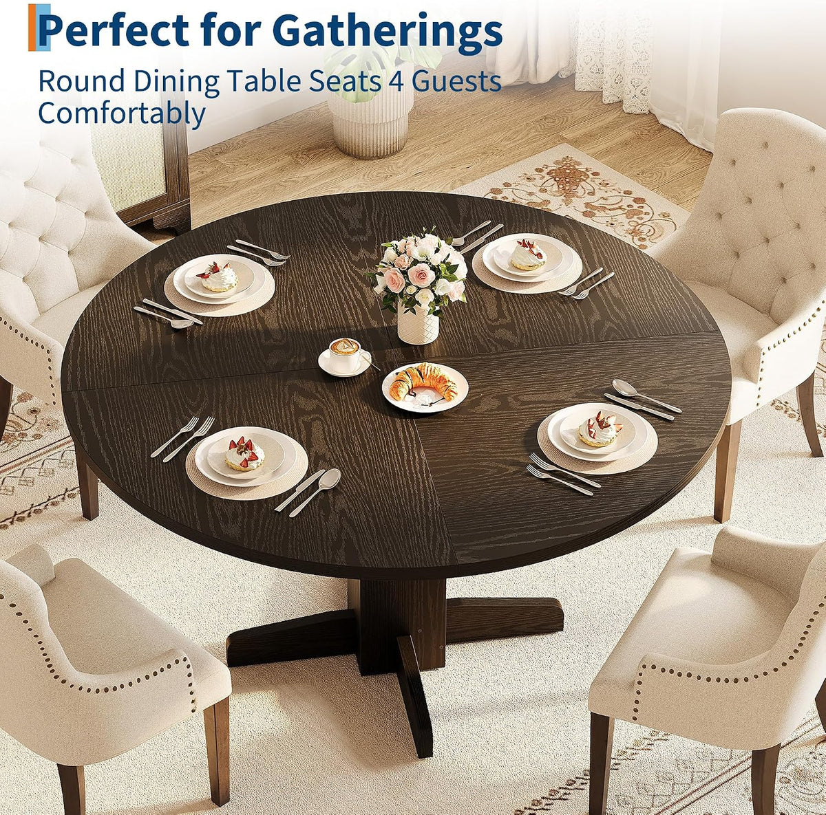 IDEALHOUSE Round Dining Table for 4-6 People, 47" Wood Kitchen Table with Sturdy Pedestal Base, Farmhouse Circle Dinner Tables for Dining Room, Living Room, Apartment, Black