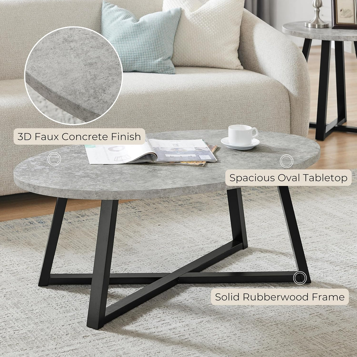 Roundhill Furniture Modern Harmony 3-Piece Wood Oval Coffee Table Set, Gray