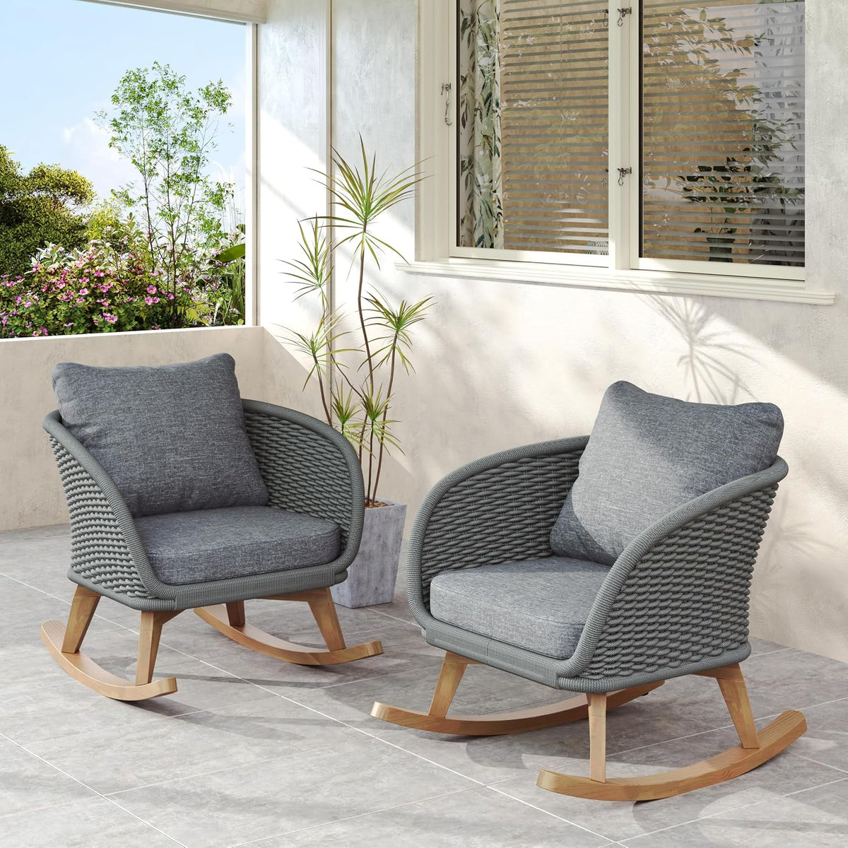Set of 2 Gray Wicker Rocking Chairs: Contemporary Minimalist Design with Polyester Cushions & Wooden Frame - Indoor & Outdoor Use for Patio Balcony or Living Room