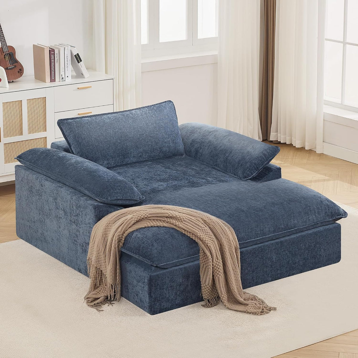 WUTUTUEE 69" Oversized Chaise Lounge Chair Indoor, No Assembly Blue Lounge Couch, Chenille Upholstered Sofa Bed with Pockets, Oversized Reading Chair with Ottoman for Living Room, Bedroom, Office