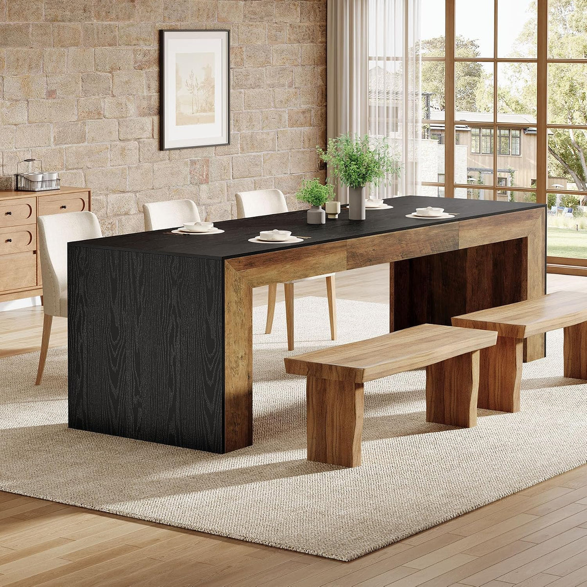 Tribesigns Extra Long Dining Table for 6-8 People, 78.7-Inch Rectangular Kitchen Table with Wooden Tabletop and Legs for Kitchen, Dining Room, Living Room, Heavy Duty, Black+Brown | Wooden Kitchen Table for Dining Room, Living Room, Heavy Duty, Large