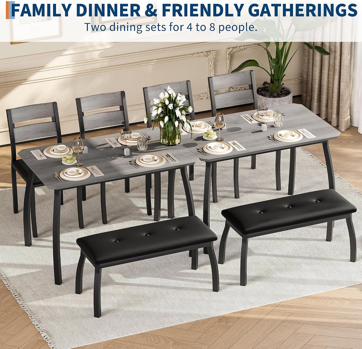 Kitchen Table Set for 4, 4-Piece Dining Table with 2 Chairs and PU Upholstered Bench - Cutting Corner Tabletop Design, Space-Saving Kitchen Furniture for Studio, Restaurant, Gray