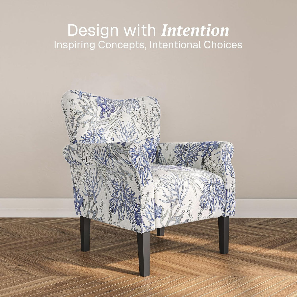 BELLEZE Modern Accent Chair for Living Room, High Back Linen Armchair with Wooden Legs, Upholstered Wingback Side Chair Padded Armrest Single Sofa for Living Room, Bedroom - Allston (Blue Coral)