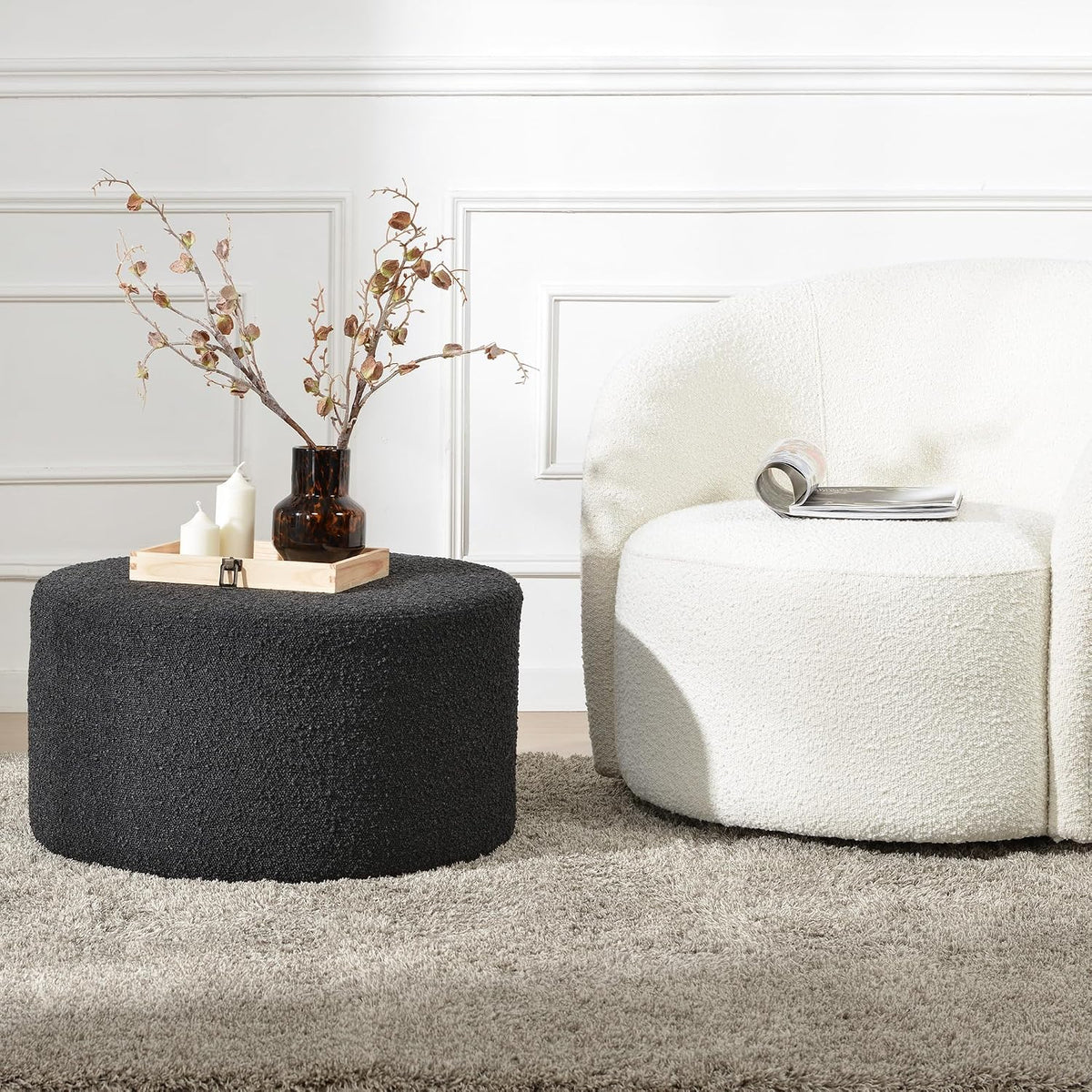 KINWELL Modern Round Boucle Ottoman (24" D x 24" W x 13" H) | Upholstered Multi-Functional Sofa Footrest, Side Table, Extra Seating for Living Room, Bedroom, Entryway